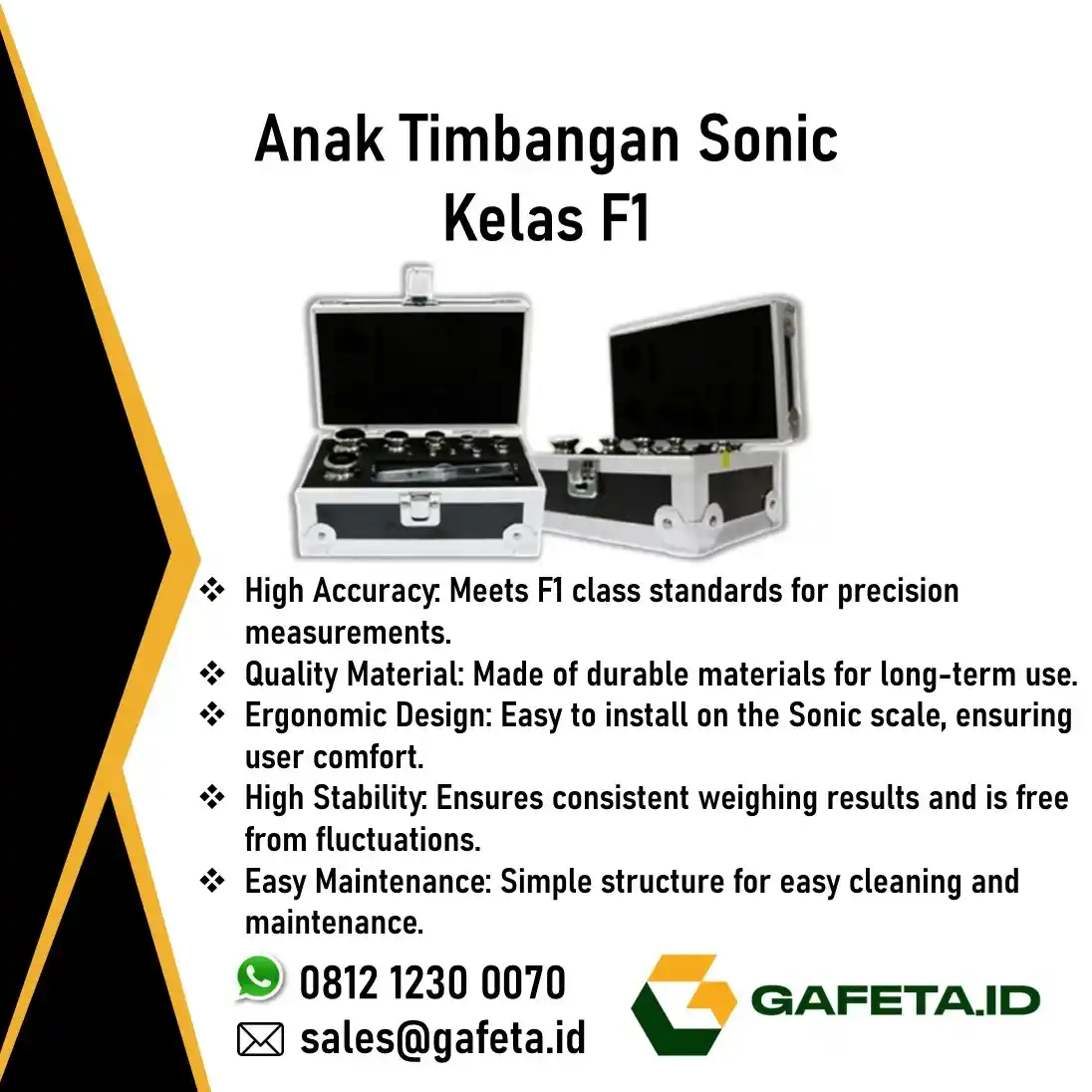 Anak timbangan miligram merek Sonic Kelas F1 untuk kalibrasi di dalam kotak
